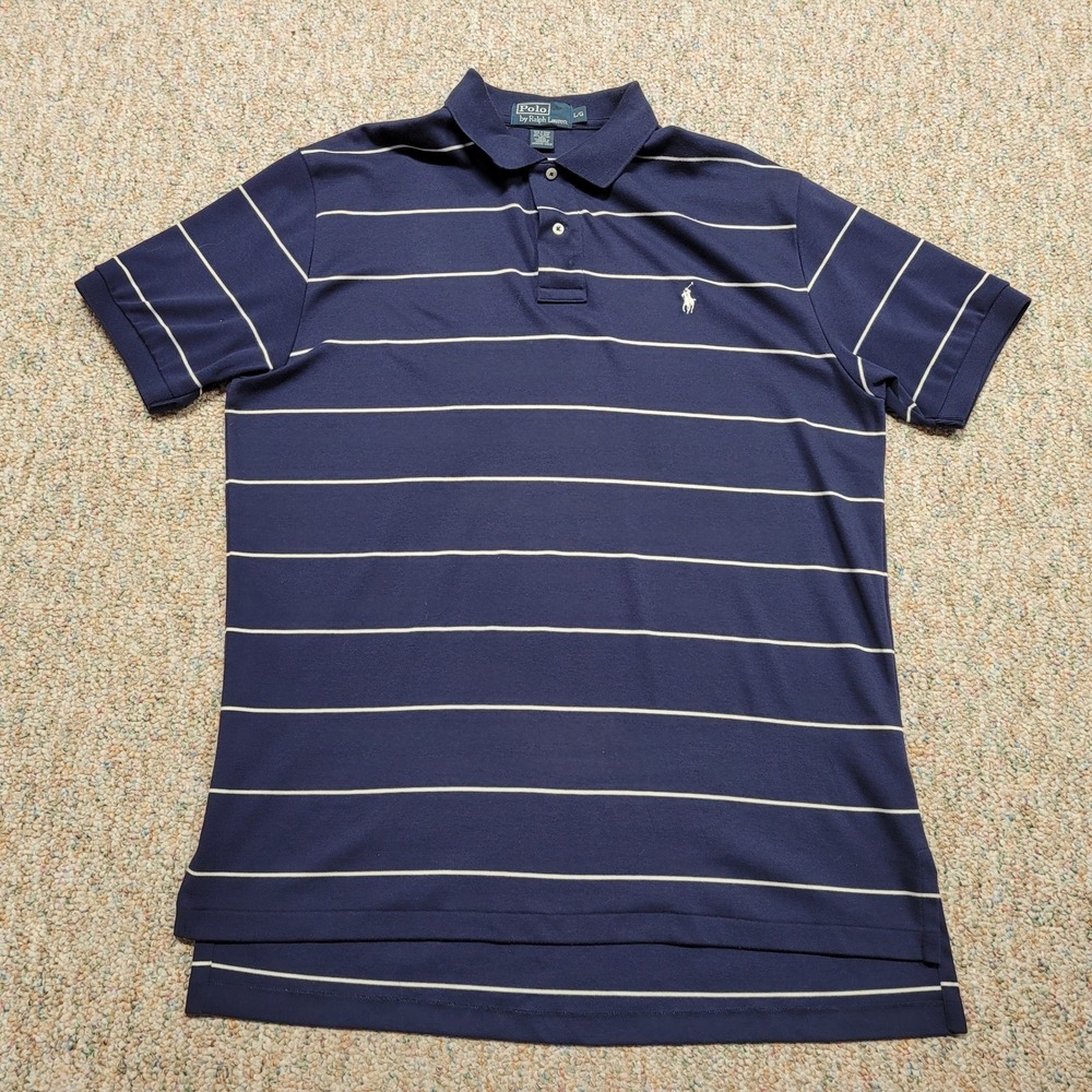 Polo Ralph Lauren Polo Shirt Mens Large Navy White Striped Cotton Pony Rugby